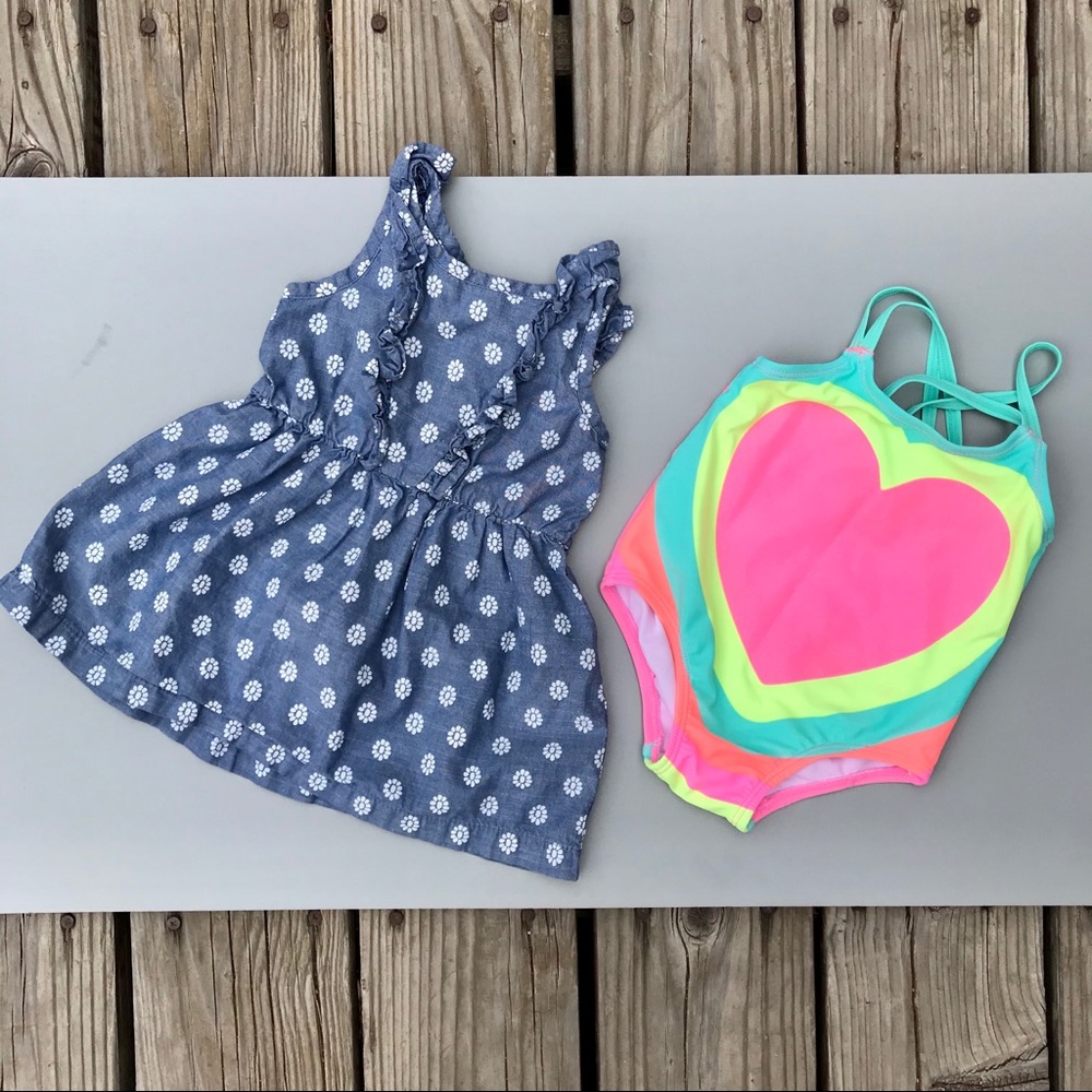 Carters Cherokee Summer Lot Blue Chambray Floral Dress Pink Heart Swimsuit 12M